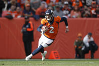 Denver Broncos quarterback Brandon Allen (2) runs the ball against the Cleveland Browns during the first half of NFL football game, Sunday, Nov. 3, 2019, in Denver. (AP Photo/David Zalubowski)