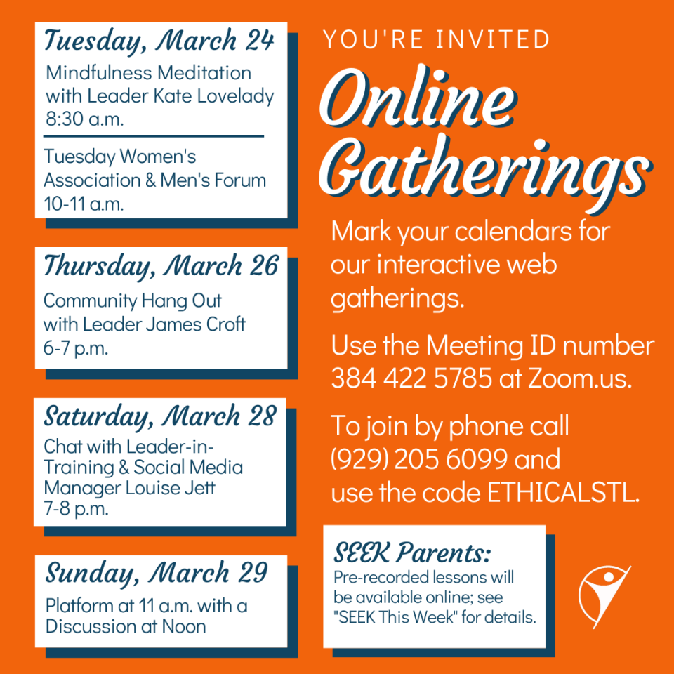 A list of upcoming online gatherings.