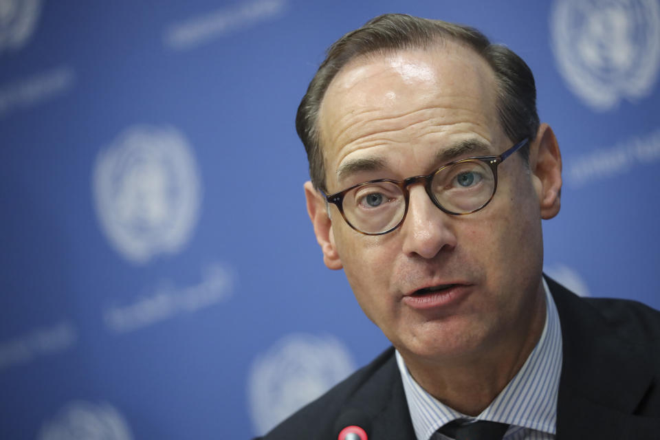 NEW YORK, NY - OCTOBER 16: Oliver Bate, CEO of Allianz, speaks during a press briefing about the launch of the Global Investors for Sustainable Development (GISD) Alliance, at United Nations headquarters on October 16, 2019 in New York City. The GISD is an alliance of 30 CEOs convened by the UN Secretary-General as part of his plan for financing the 2030 Agenda for Sustainable Development. (Photo by Drew Angerer/Getty Images)