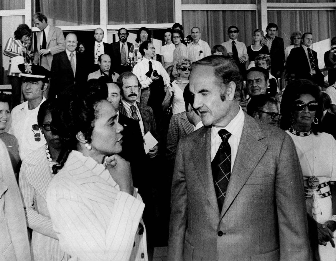 Coretta Scott King and Democratic presidential candidate Sen. George McGovern at the door of the Deauville hotel in Miami Beach after having breakfast together.