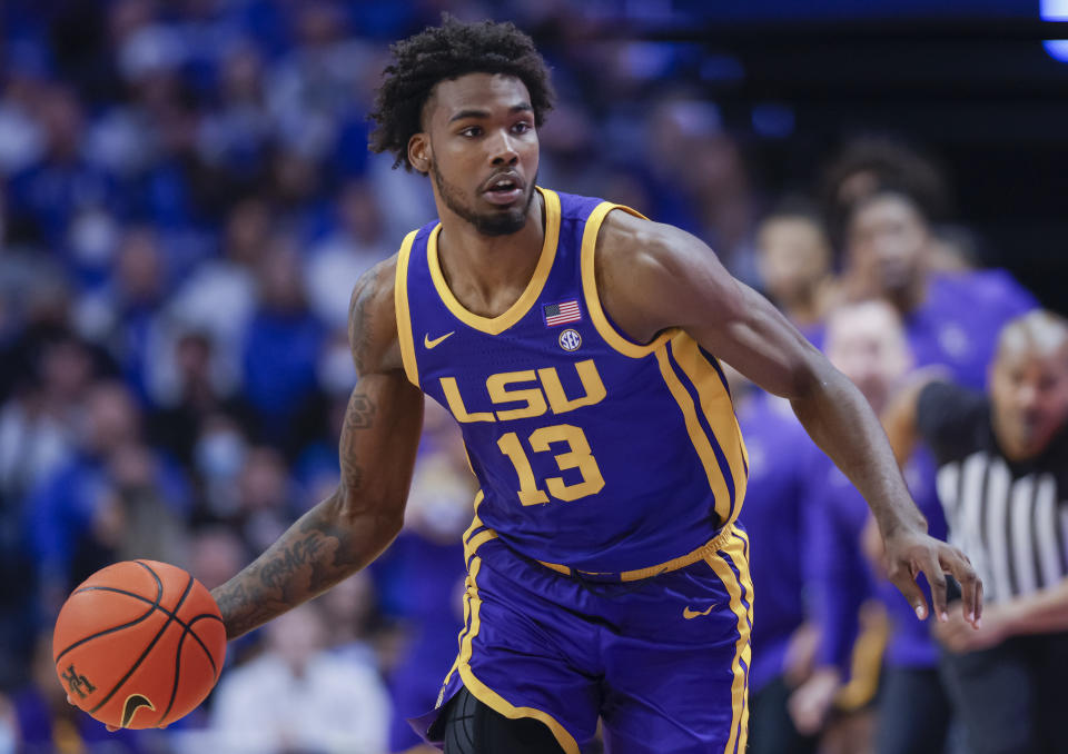 Tari Eason of the LSU Tigers brings the ball up court during the game against the Kentucky Wildcats at Rupp Arena on Feb. 23, 2022 in Lexington, Kentucky.