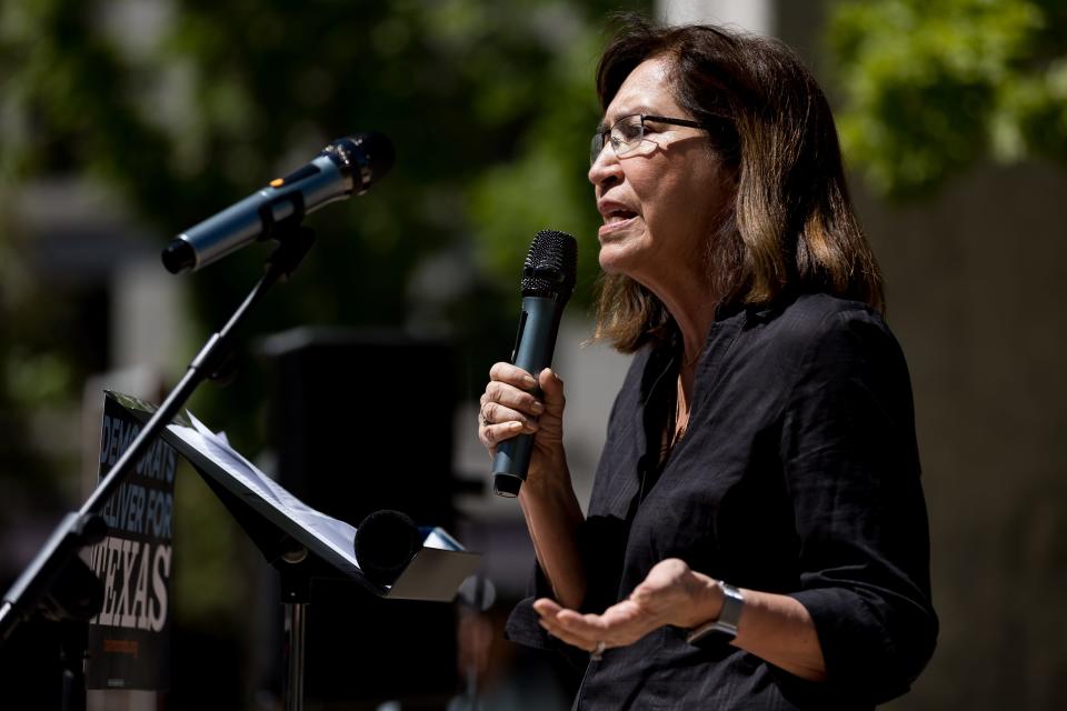 State Rep. Lina Ortega, D-El Paso, shown at San Jacinto Plaza on April 22, said suspended Attorney General Ken Paxton is "unfit for public office and his continued service is damaging to the State of Texas.”
