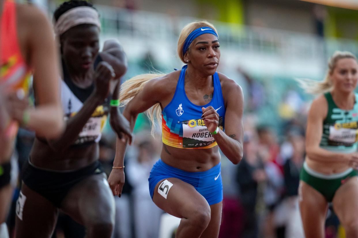 Raevyn Rogers takes off at the start of the women’s 800 meters during the Oregon Relays Friday, April 19, 2024, at Hayward Field in Eugene, Ore.