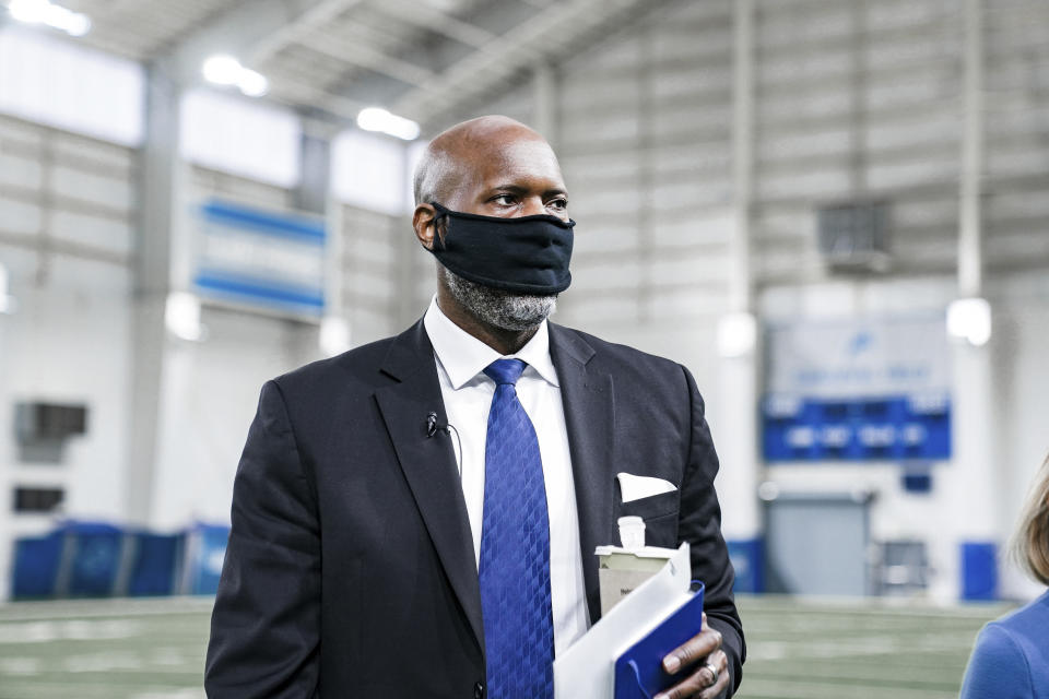 In a photo provided by the Detroit Lions, Detroit Lions general manager Brad Holmes walks around in the indoor practice field at the NFL football team's facility Tuesday, Jan. 19, 2021 in Allen Park, Mich. (Detroit Lions via AP).