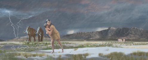 <span class="caption">A prehistoric woman with a child have left behind the world's longest trackway.</span> <span class="attribution"><span class="license">Author provided</span></span>