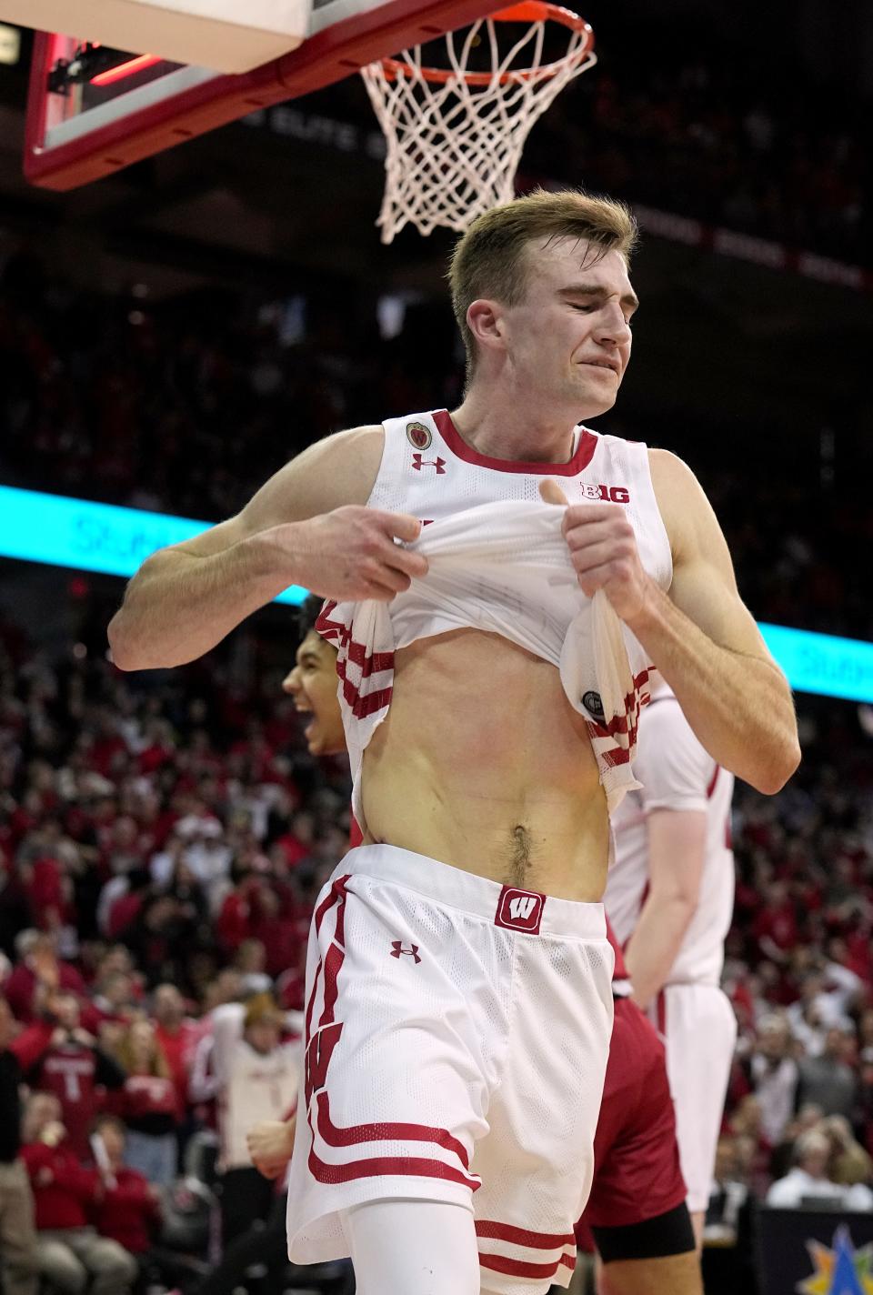 Frustrated Wisconsin forward Tyler Wahl walks off the court after being unble to score on a rebound ahead of the buzzer.
