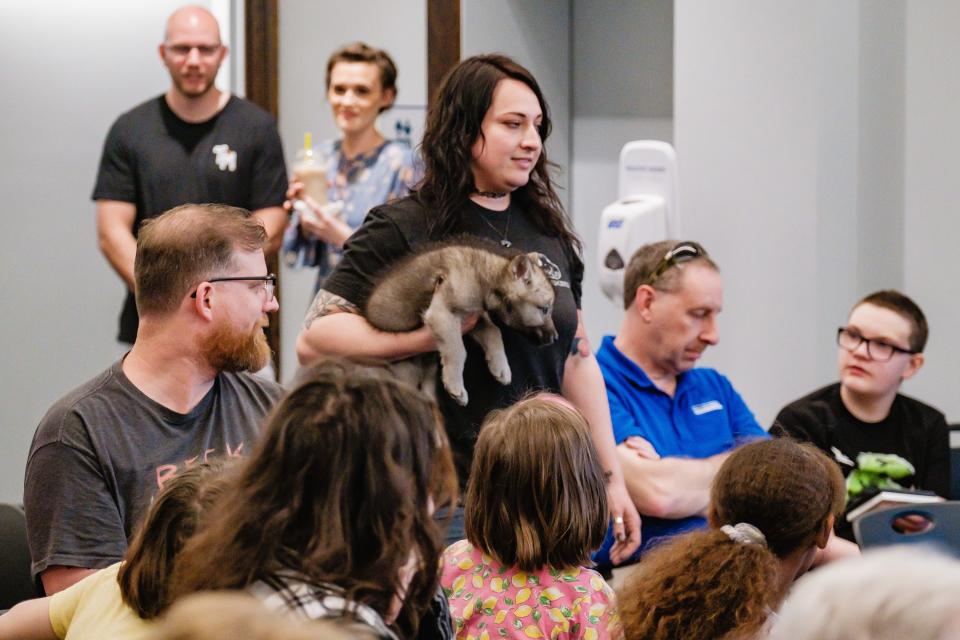 Rachel Lauren Robertson of the Ohio Canid Center holds Watson, a 1-month-old ambassador wolf in training during the Tuscarawas County Public Library System's recent educational program on wolves and the role they play in the ecosystem. The program was held at the Main Library in New Philadelphia.