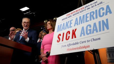 Senate Democratic Leader Chuck Schumer and House Democratic Leader Nancy Pelosi speak following a meeting with U.S.President Barack Obama on congressional Republicans' effort to repeal the Affordable Care Act on Capitol Hill in Washington, U.S., January 4, 2017. REUTERS/Kevin Lamarque