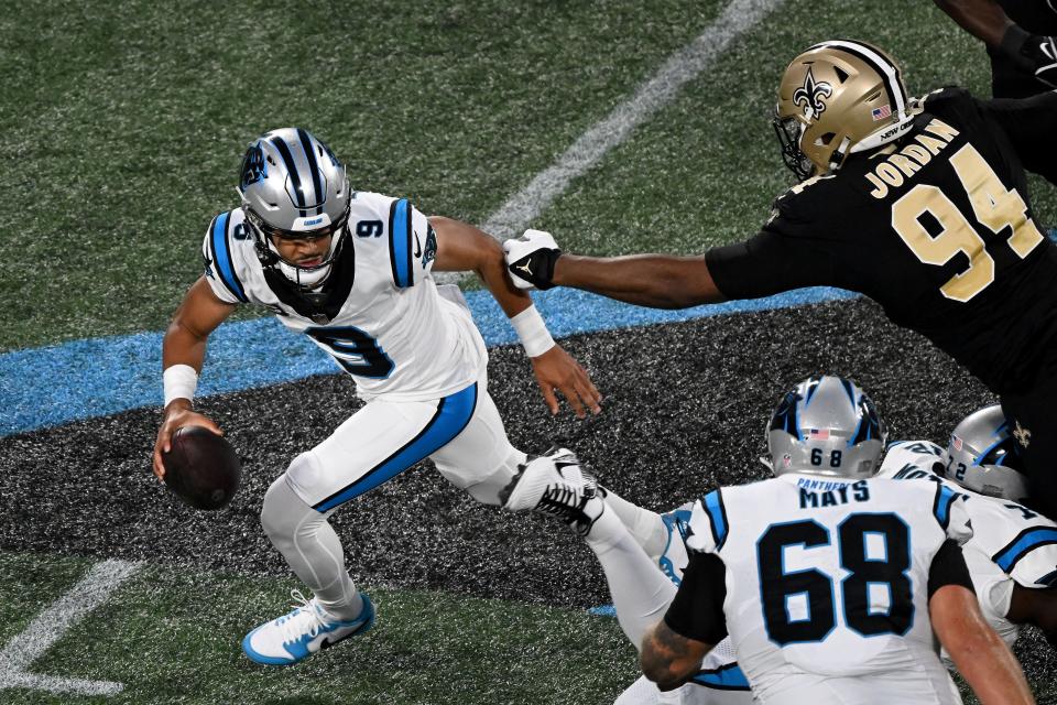 CHARLOTTE, NORTH CAROLINA - SEPTEMBER 18: Bryce Young #9 of the Carolina Panthers scrambles against the New Orleans Saints during the first quarter in the game at Bank of America Stadium on September 18, 2023 in Charlotte, North Carolina. (Photo by Grant Halverson/Getty Images)