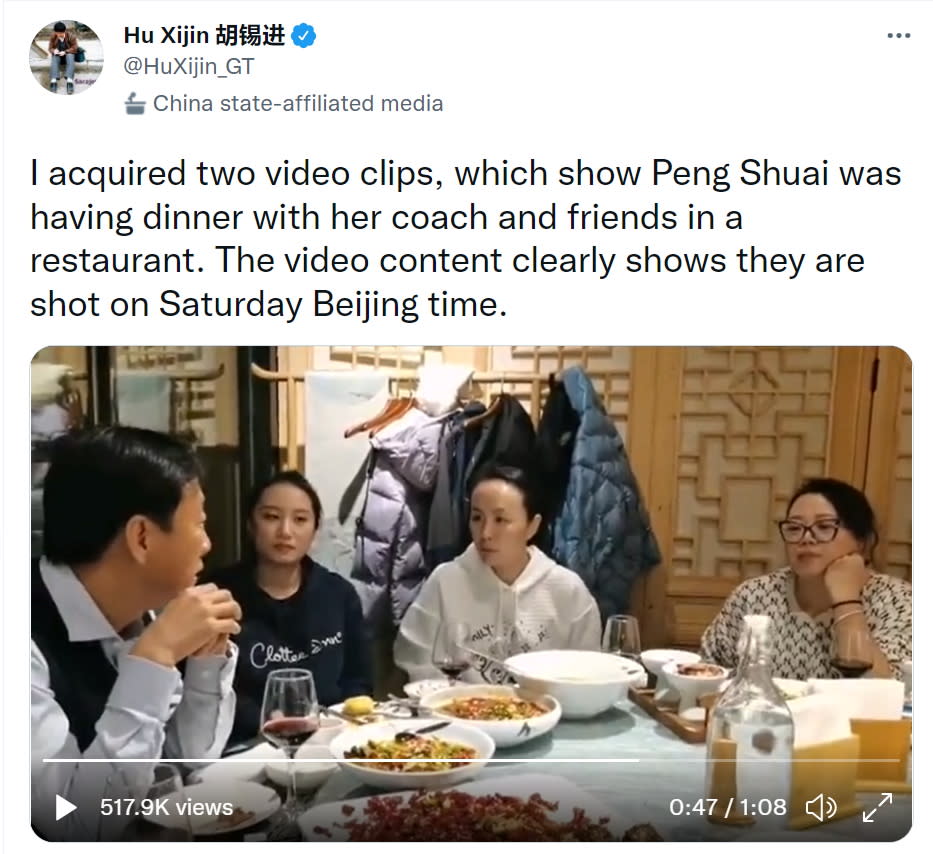 Peng Shuai is seen having dinner with her friends at a restaurant in this screen grab of a video in a Twitter post, acquired by Global Times Editor In Chief, Hu Xijin on November 20, 2021. Acquired on November 20, 2021. Hu Xijin/Twitter via REUTERS   ATTENTION EDITORS - THIS IMAGE HAS BEEN SUPPLIED BY A THIRD PARTY.?