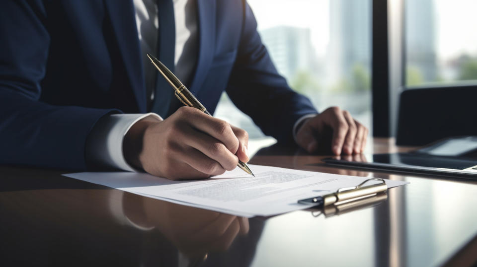 A businessman signing a loan agreement in a modern office environment, capturing the power of the company's financial services sector.