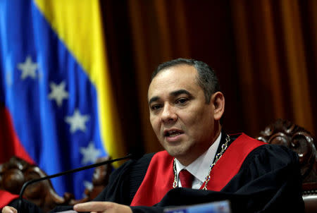 FILE PHOTO: Venezuela's Supreme Court President Maikel Moreno reads a statement in Caracas, Venezuela August 1, 2017. REUTERS/Ueslei Marcelino/File Photo