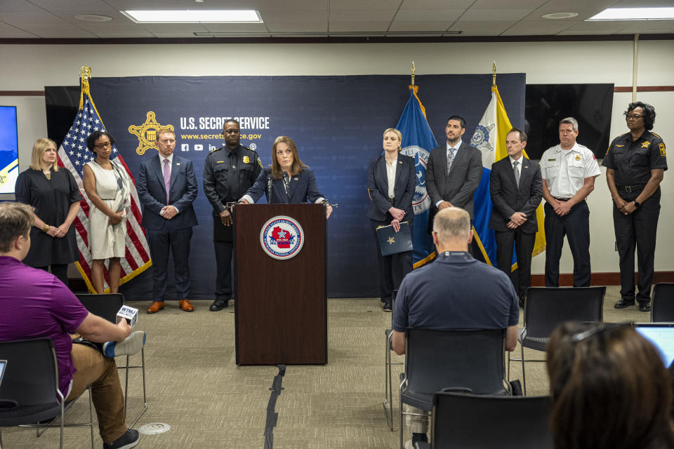 U.S. Secret Service Director Kimberly Cheatle speaks during a Republican National Convention security news conference Friday, June 21, 2024, in Milwaukee. (AP Photo/Andy Manis)