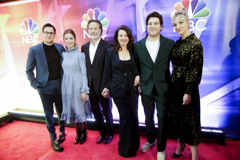 Left to right, Dan Levy, Jessy Hodges, Steven Weber, Fran Drescher, Adam Pally, Abby Elliott of "Indebted" arrive on the red carpet at the NBC Midseason New York press junket at Four Seasons Hotel New York in 2020 in New York City. File Photo by John Angelillo/UPI