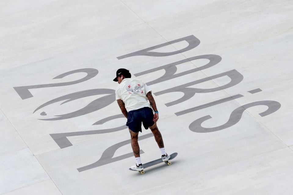 PHOTO: Nyjah Huston of Team United States trains during a Skateboarding Training Session at La Concorde ahead of the Paris 2024 Olympic Games on July 25, 2024 in Paris, France. (Patrick Smith/Getty Images)