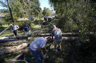 Residents use chain saws to clear fallen trees in the aftermath of Hurricane Zeta in Waveland, Miss., Thursday, Oct. 29, 2020. (AP Photo/Gerald Herbert)