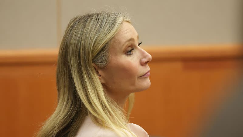 Gwyneth Paltrow listens in court during the lawsuit trial of Terry Sanderson vs. Gwyneth Paltrow at the Park City District Courthouse in Park City on Tuesday, March 28, 2023.