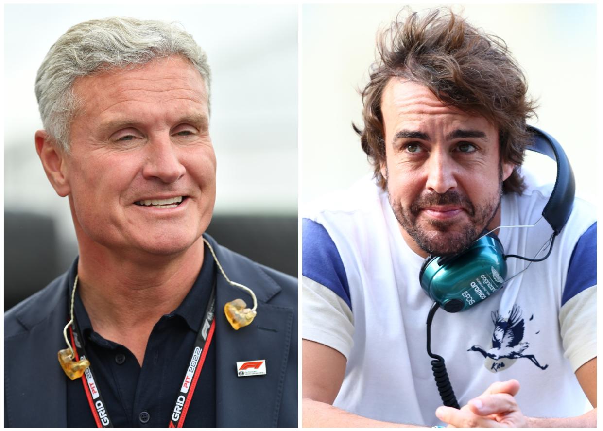 El expiloto británico David Coulthard y Fernando Alonso. (Foto: Paolo Pedicelli / ATPImages / Getty Images / Mark Thompson / Getty Images).