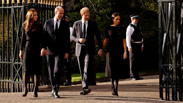 PHOTO: Britain's William, Prince of Wales, Catherine, Princess of Wales, Prince Harry and Meghan, the Duchess of Sussex, walk outside Windsor Castle, following the passing of Britain's Queen Elizabeth II, in Windsor, Britain, Sept. 10, 2022. (Andrew Couldridge/Reuters)