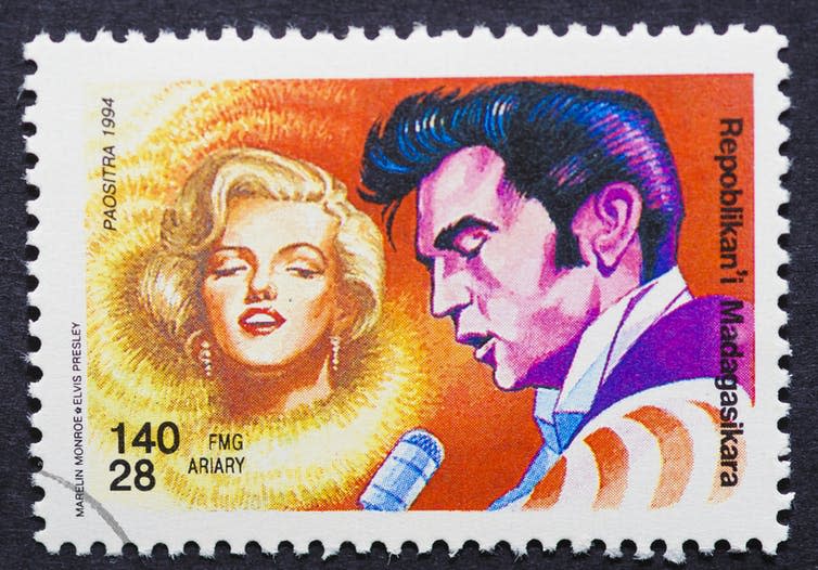 <span class="caption">Immortalised: Marilyn Monroe and Elvis Presley on a Madagascan stamp (1994).</span> <span class="attribution"><span class="source">catnaked via Shutterstock</span></span>