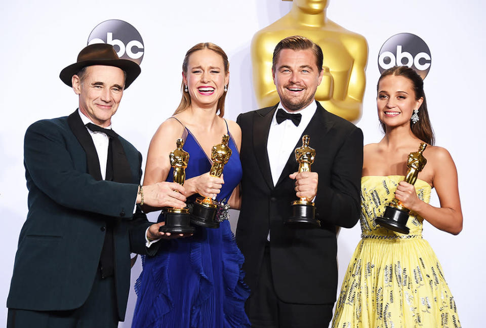 Mark Rylance, winner of the award for best actor in a supporting role for “Bridge of Spies,“  from left, Brie Larson, winner of the award for best actress in a leading role for “Room”, Leonardo DiCaprio, winner of the award for best actor in a leading role for “The Revenant”, and Alicia Vikander, winner of the award for best actress in a supporting role for “The Danish Girl” pose in the press room at the Oscars on Sunday, Feb. 28, 2016, at the Dolby Theatre in Los Angeles. 