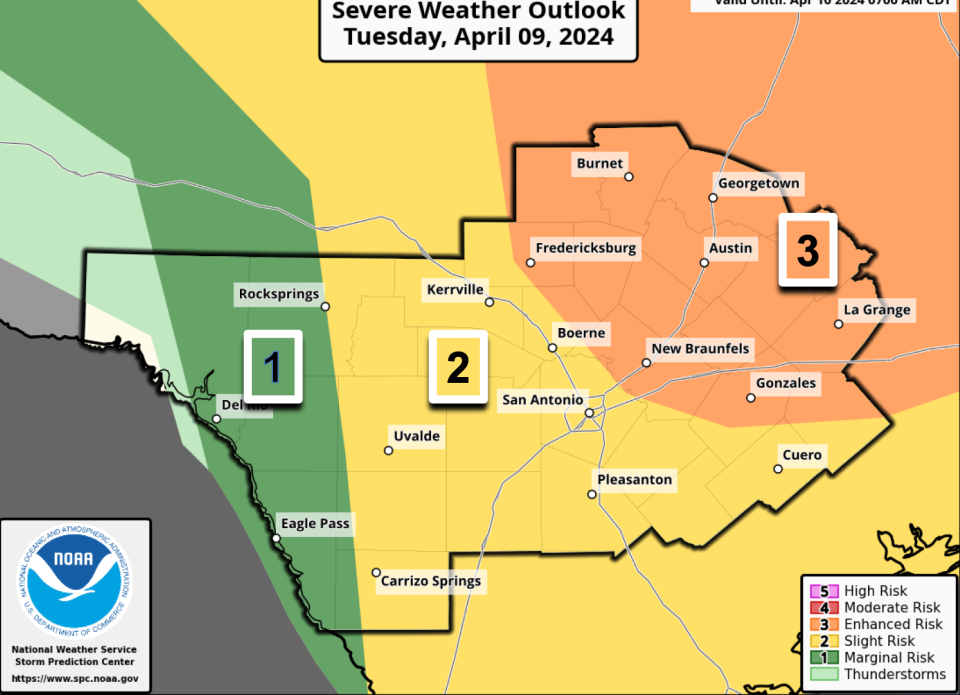 The National Weather Service said Travis County has been placed in a level 3 of 5 severe weather risk, with another round of storms potentially developing overnight.