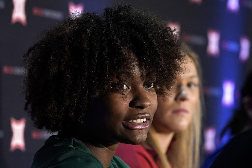 Baylor forward NaLyssa Smith speaks during the Big 12 NCAA college basketball media days Tuesday, Oct. 19, 2021, in Kansas City, Mo. (AP Photo/Ed Zurga)