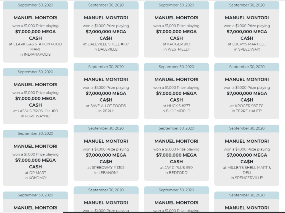 A winners page shows $1,000 wins in Indiana by Manuel Montori.