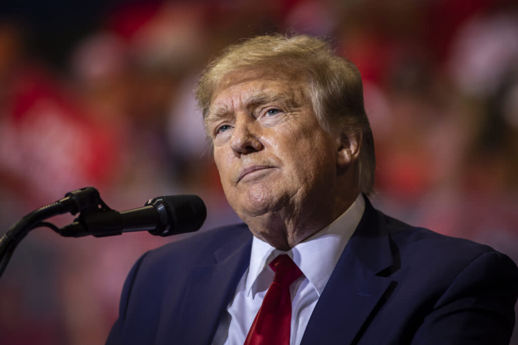 Former President Donald Trump is shown speaking on May 28, 2022 in Casper, Wyoming.