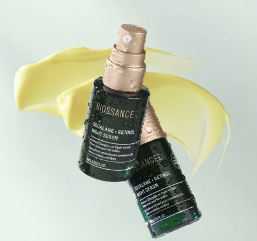 Sephora Exclusive: Biossance Squalane + Retinol Night Serum in green bottle and yellow smear in the background.