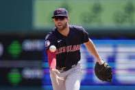 Cleveland Guardians first baseman Owen Miller tosses the ball to pitcher Zach Plesac for the out at first on Detroit Tigers' Riley Greene during the third inning of a baseball game, Thursday, Aug. 11, 2022, in Detroit. (AP Photo/Carlos Osorio)