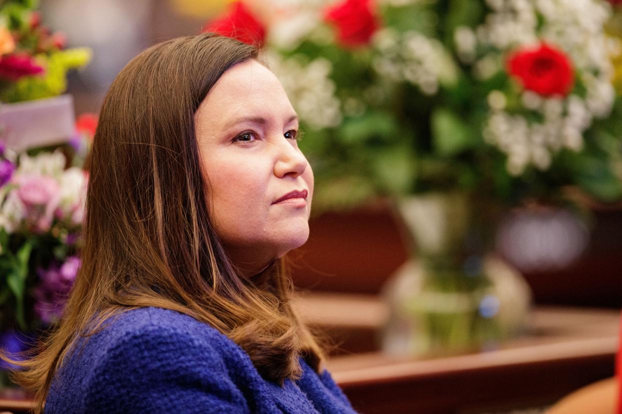 Florida Attorney General Ashley Moody listens as President of the Senate Wilton Simpson presents an opening statement to the Florida Senate during the opening day of the 2022 Florida Legislative Session Tuesday, Jan. 11, 2022.