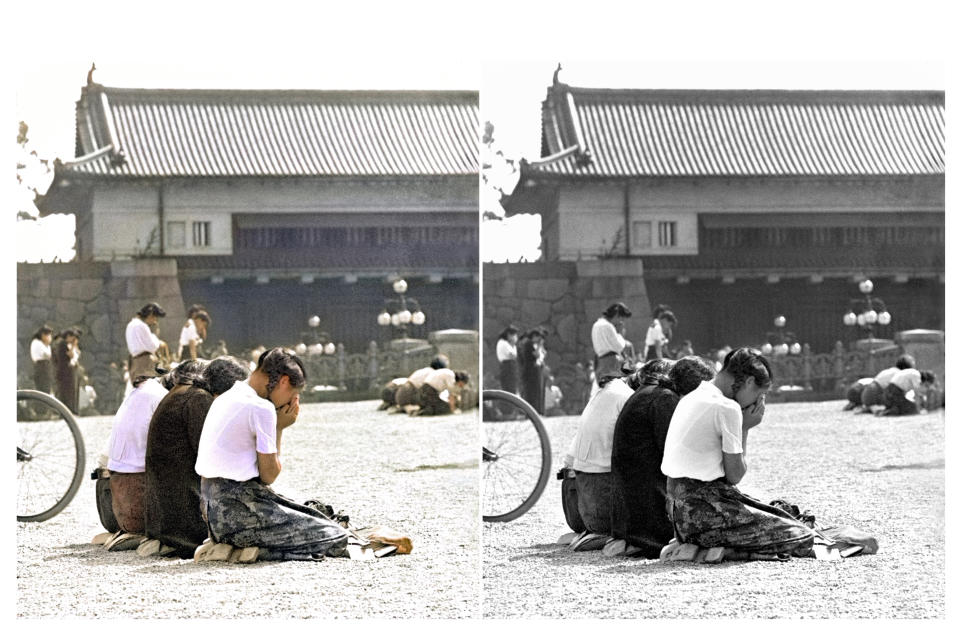 This photo combination shows digital colorization, left, by Anju Niwata and Hidenori Watanave, and its original black and white Kyodo photo that three Japanese schoolgirls are seen weeping in front of Japanese Emperor Hirohito's palace on Imperial Plaza in Tokyo, in Aug. 15, 1945. Niwata and Watanave started the photo colorization project in 2018. They call it “Rebooting Memories,” and they published a book last month of the colorized versions of about 350 monochrome pictures taken before, during and after the Pacific War. (Kyodo News/Anju Niwata & Hidenori Watanave via AP)