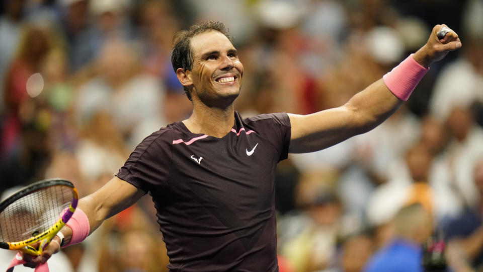 Rafael Nadal, of Spain, reacts after defeating Rinky Hijikata, of Australia, during the first round of the US Open tennis championships, Tuesday, Aug. 30, 2022, in New York. (AP Photo/Frank Franklin II)