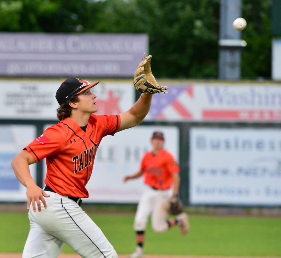 Taunton’s Braden Sullivan fields a high hop during Saturday’s Division 1 State Championship against Franklin.