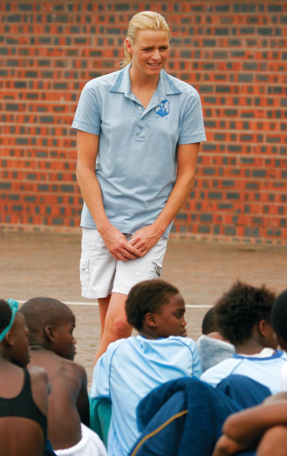 Charlene Wittstock coaching children at a training session in Richards Bay, South Africa.