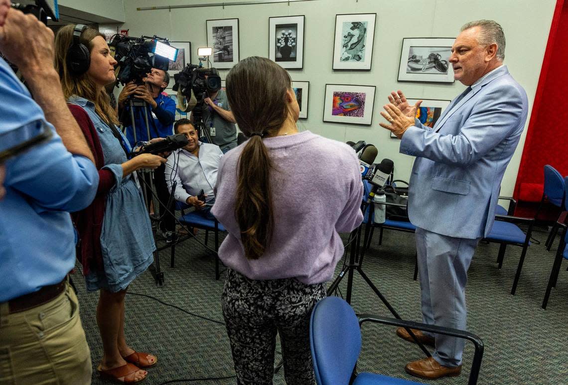 Fort Lauderdale, Florida - June 29, 2023 - Dr. Peter Licata speaks to reporters at the Kathleen C. Wright Building in Fort Lauderdale after the meeting where the Bbroward School Board was going to vote on his contract was adjourned because there was no quorum.
