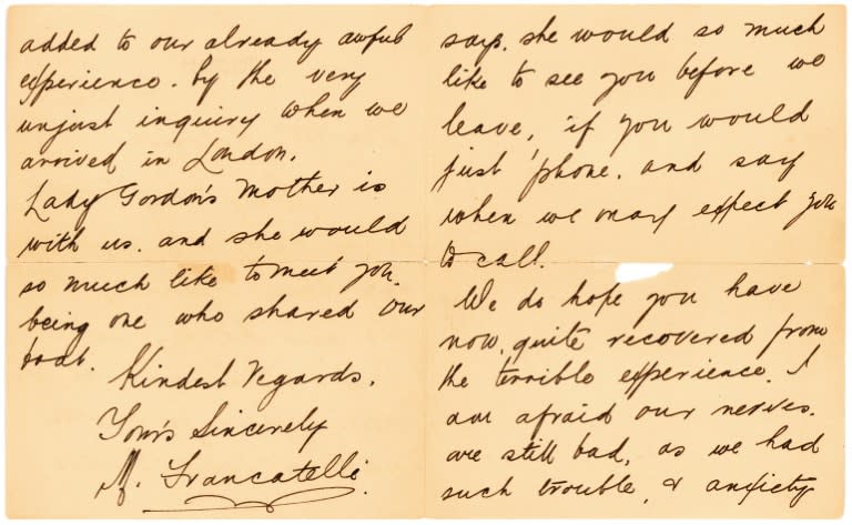 This image obtained August 31, 2015 courtesy of Lion Heart Autographs shows part of a letter by Lifeboat No. 1 survivor Mabel Francatelli (1880-1967) on New York's Plaza Hotel stationery six months after the disaster