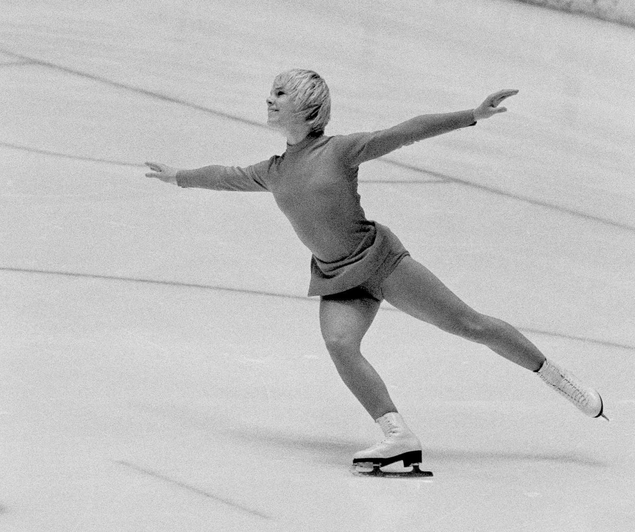 Janet Lynn, four-time United States champion from Rockford, Ill., is shown during her Olympic free style performance Feb. 7, 1972 in the Makomanai Ice Arena in Sapporo, Japan. Lynn will make a rare return appearance to Rockford on June 10 at Midway Village.