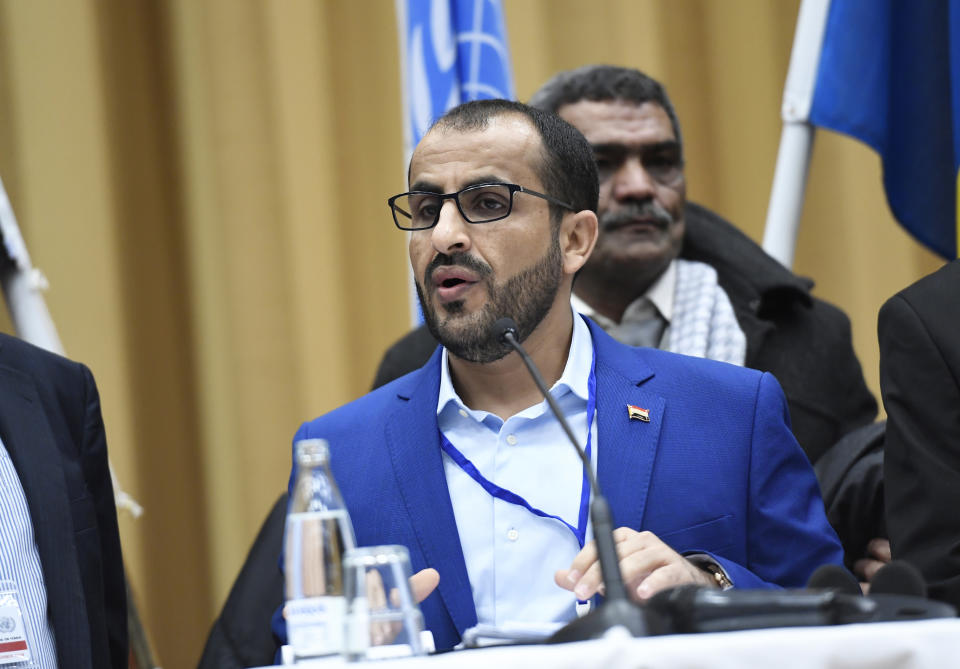 CORRECTS LAST NAME TO ABDULSALAM, NOT AMDUSALEM - Head of delegation for rebel forces known as Houthis, Mohammed Abdulsalam speaks during the Yemen peace talks closing media conference in Rimbo, north of Stockholm, Sweden, Thursday Dec. 13, 2018. The United Nations secretary-general on Thursday announced that Yemen's warring sides have agreed after week-long peace talks in Sweden to a province-wide cease-fire in Hodeida. (Pontus Lundahl/TT News agency via AP)