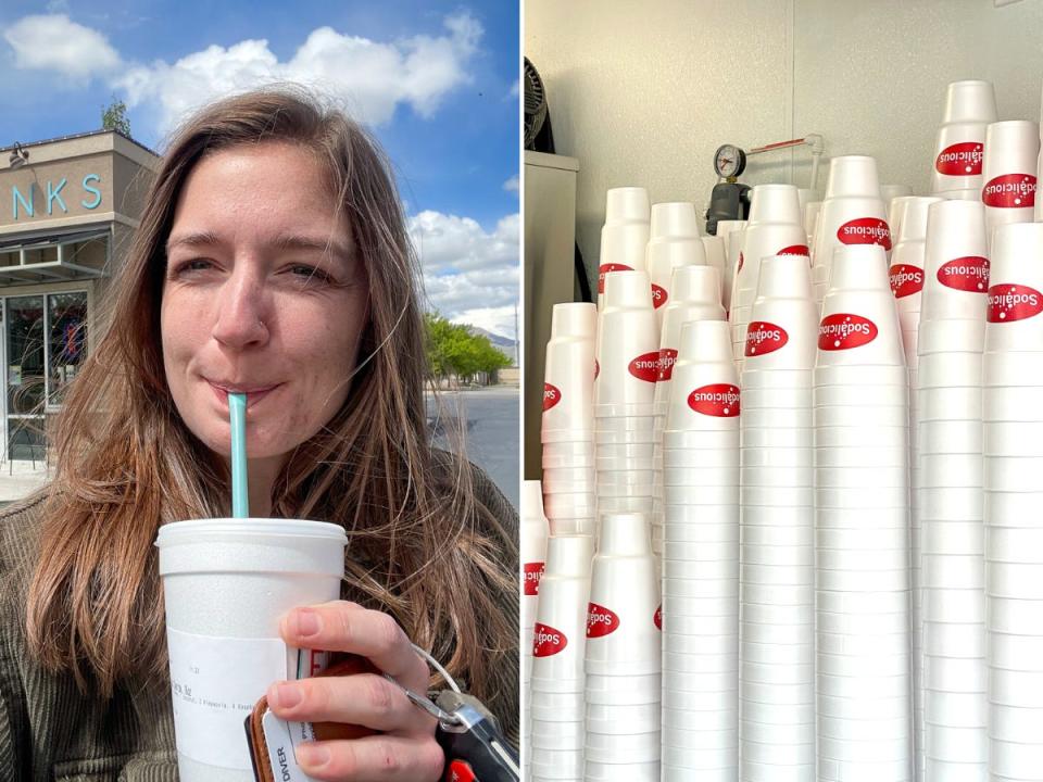 Side-by-side images of the author drinking a soda and Sodalicious' Styrofoam cups stacked up.