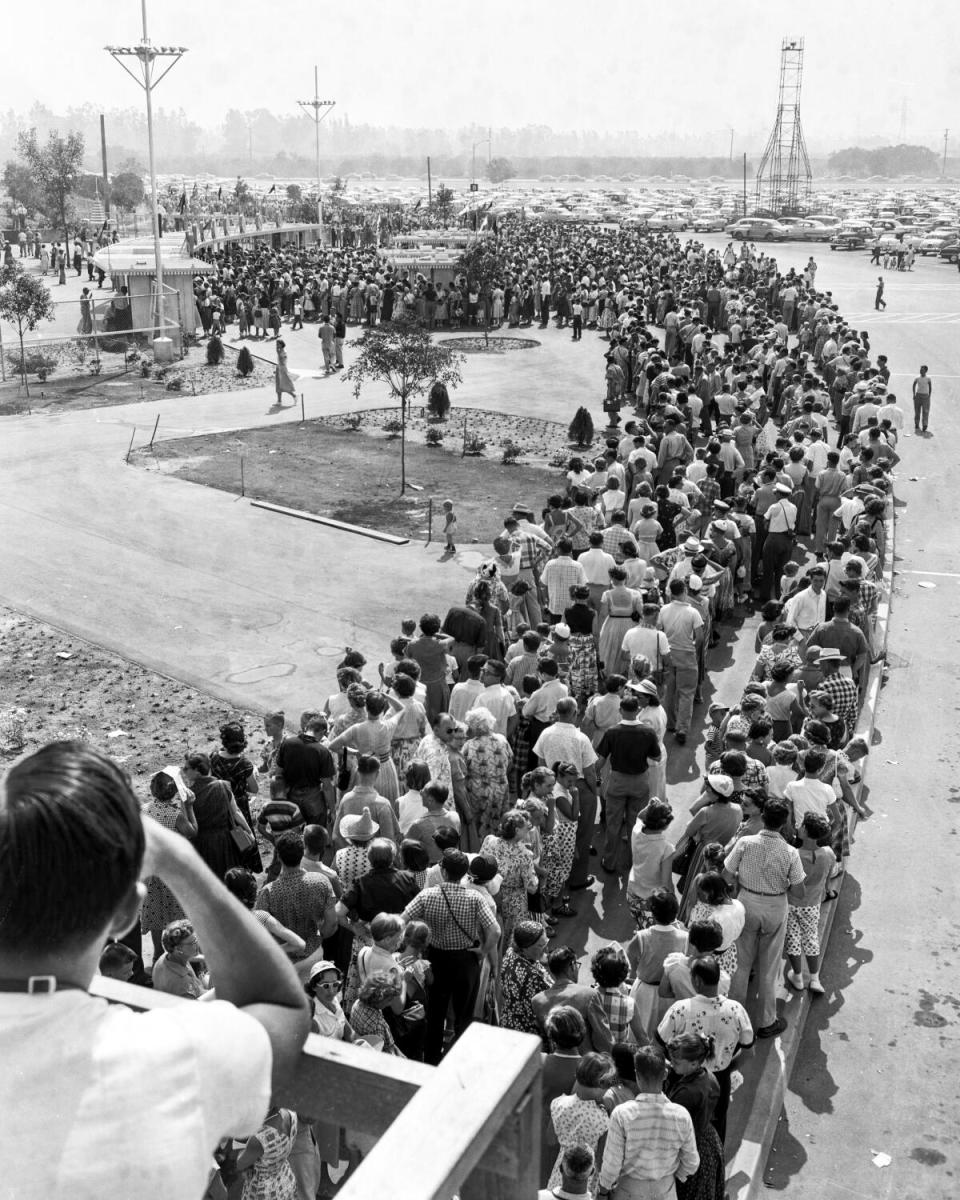 A winding throng of people at Disneyland's gates