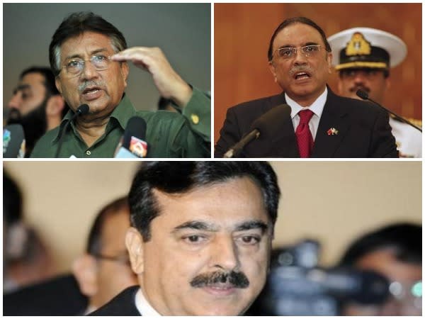 Pakistan's former presidents Pervez Musharraf (Top L), Asif Ali Zardari (Top R) and former Prime Minister Yousaf Raza Gillani. (Bottom) (File Photo)