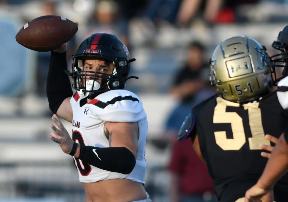 Levelland's Rusty Johnson prepares to throw the ball against Lubbock High, Thursday, Sept. 8, 2022, at Lowrey Field at PlainsCaptial Park. Lubbock High won, 21-14.
