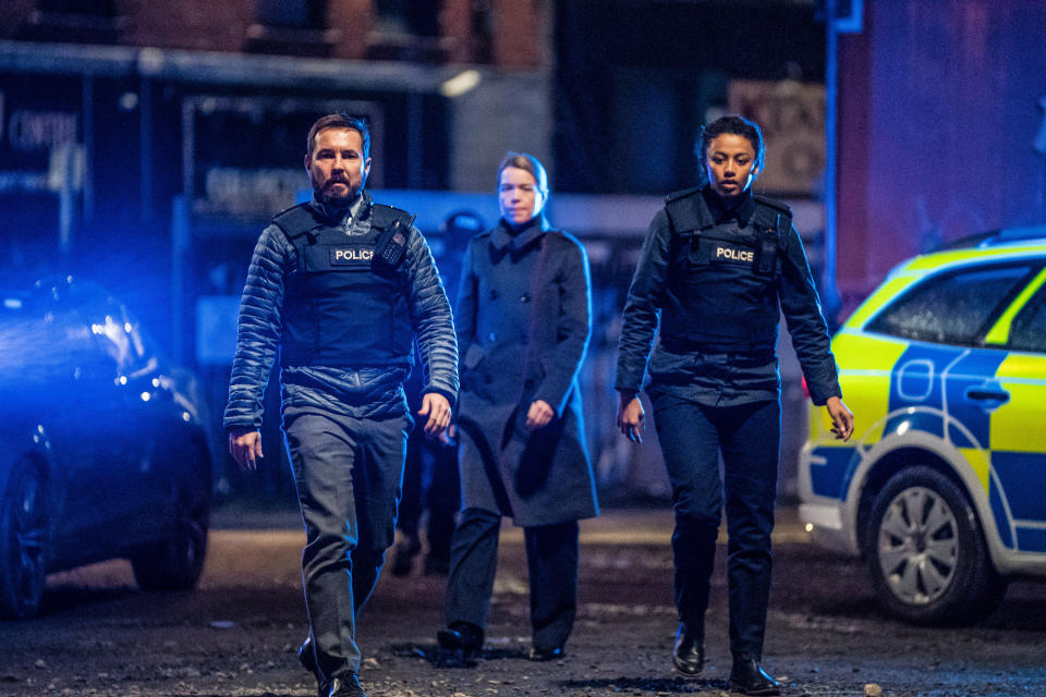 WARNING: Embargoed for publication until 00:00:01 on 20/04/2021 - Programme Name: Line of Duty S6 - TX: 25/04/2021 - Episode: Line Of Duty - Ep 6 (No. n/a) - Picture Shows: *NOT FOR PUBLICATION UNTIL 00:01HRS, TUESDAY 20TH APRIL, 2021* DI Steve Arnott (MARTIN COMPSTON), Carmichael (ANNA MAXWELL MARTIN), DC Chloe Bishop (SHALOM BRUNE-FRANKLIN) - (C) World Productions - Photographer: Steffan Hill