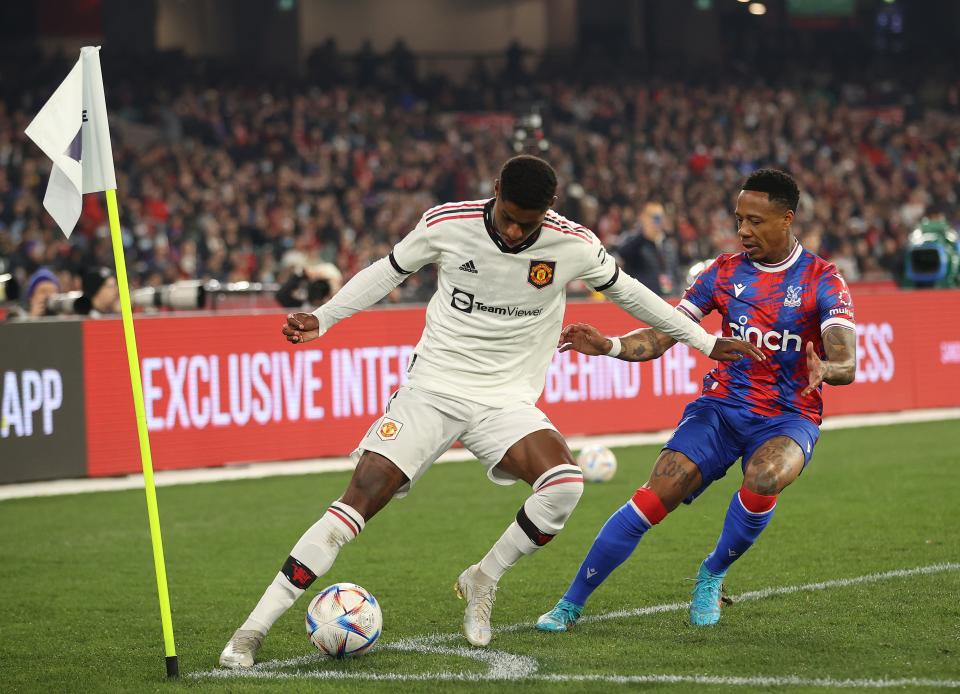 Marcus Rashford holds off the attentions of Nathaniel Clyne (Getty Images)