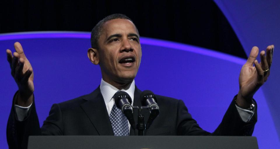 President Barack Obama gestures as he speaks at The Associated Press luncheon during the ASNE Convention, Tuesday, April 3, 2012, in Washington. (AP Photo/Carolyn Kaster)
