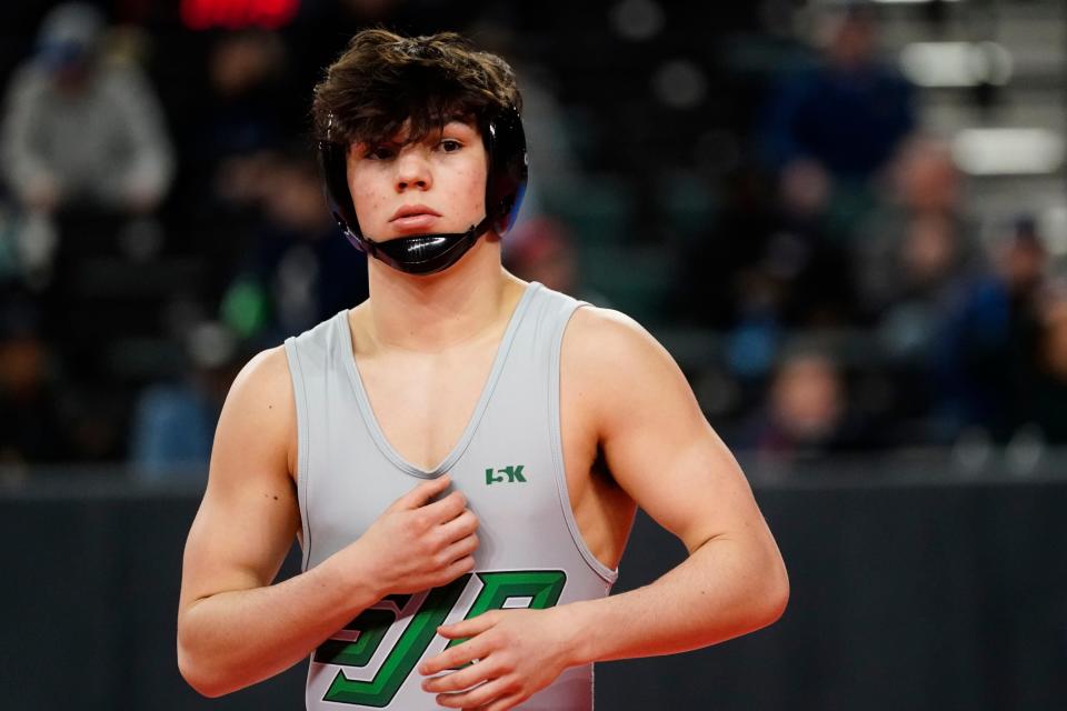 Frank DiBella of St. Joseph's Montvale walks onto the mat for his 150-pound bout on Day 1 of the NJSIAA state wrestling championships in Atlantic City on Thursday, March 3, 2022.