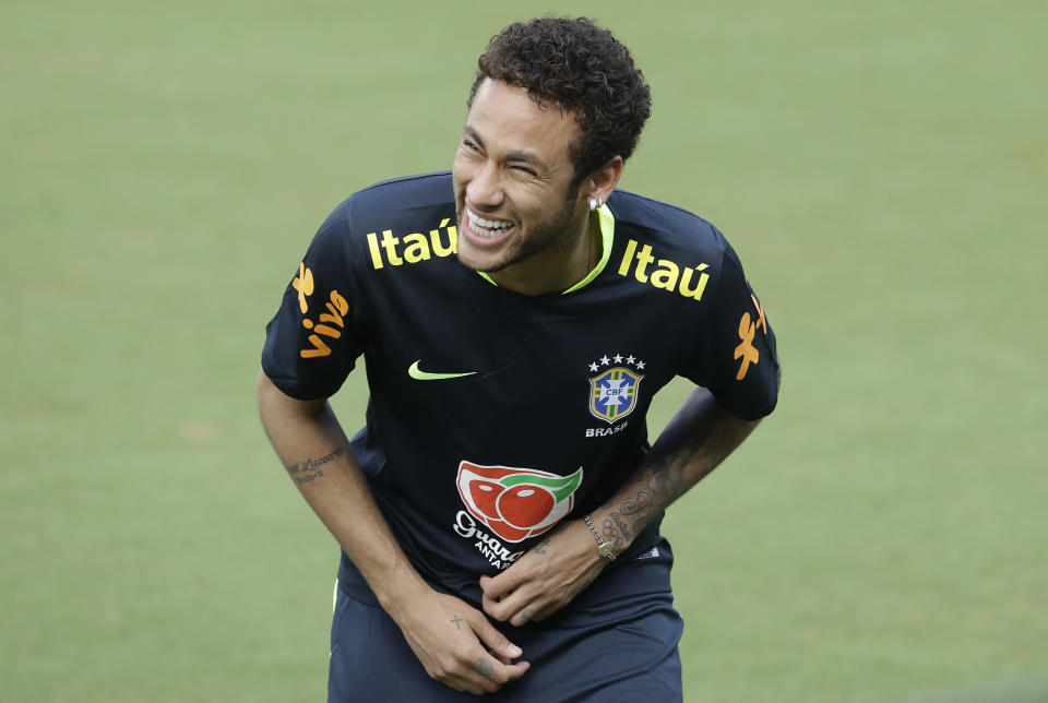 Brazil's Neymar smiles during a training session in Sao Paulo, Brazil, Tuesday, March 21, 2017. Brazil will face Uruguay in a 2018 World Cup qualifying soccer match on March 23. (AP Photo/Andre Penner)