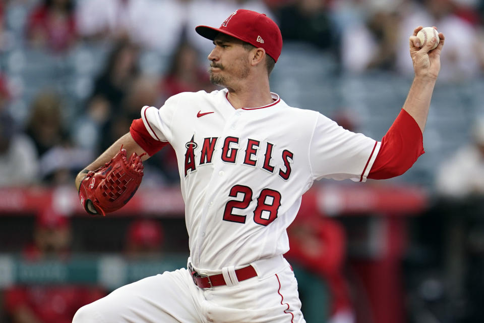 Los Angeles Angels starting pitcher Andrew Heaney throws to the San Francisco Giants during the first inning of a baseball game Tuesday, June 22, 2021, in Anaheim, Calif. (AP Photo/Marcio Jose Sanchez)